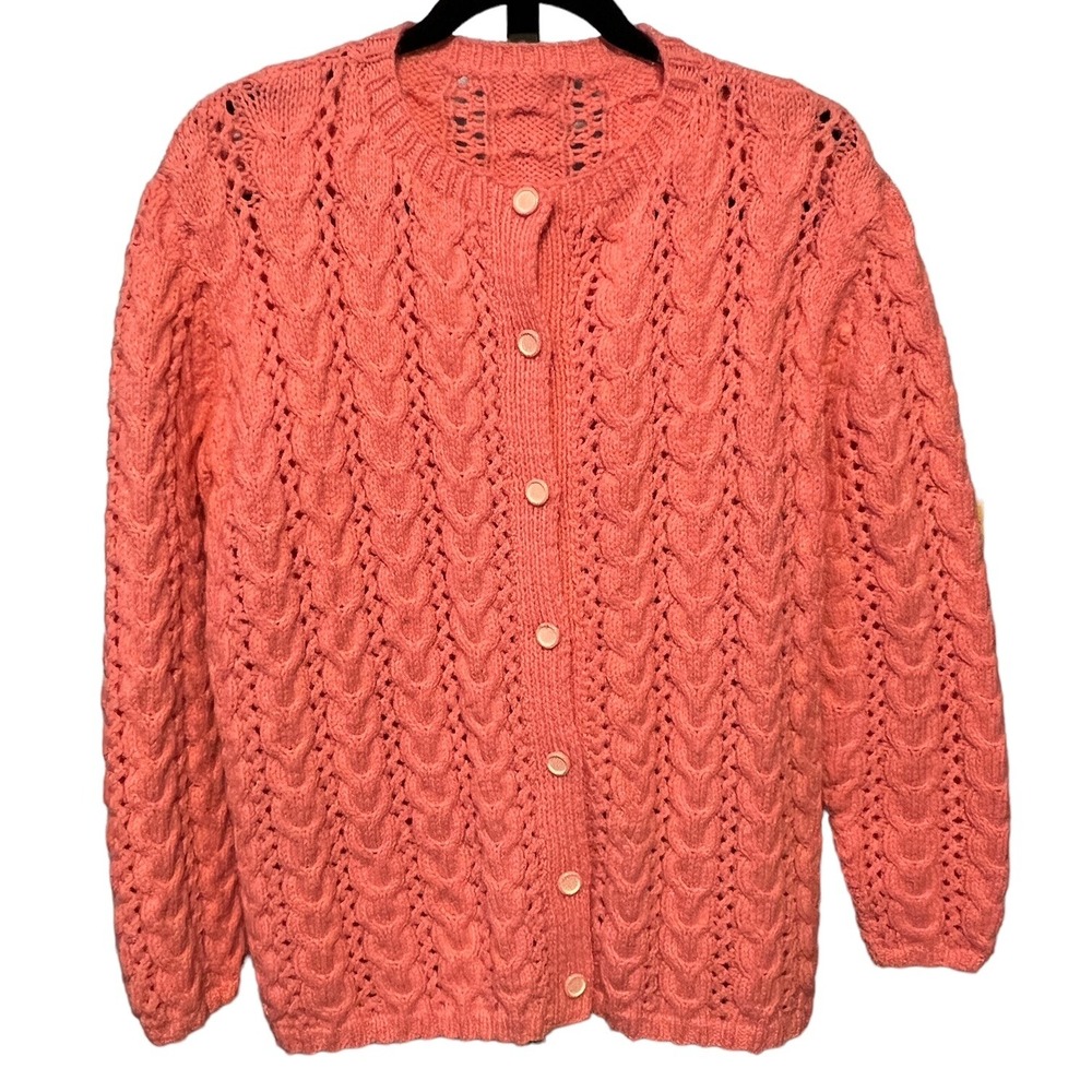 Vintage 60s Handmade Cable Knit Cardigan Sweater L 40" Chest Bubblegum‎ Pink